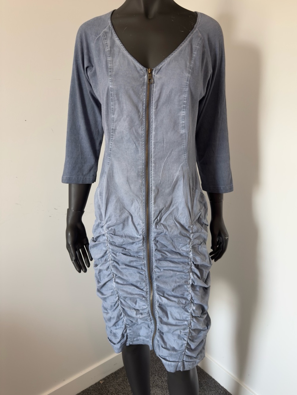 XCVI Street Style Zipper Dress with Ruched Blue Distressed